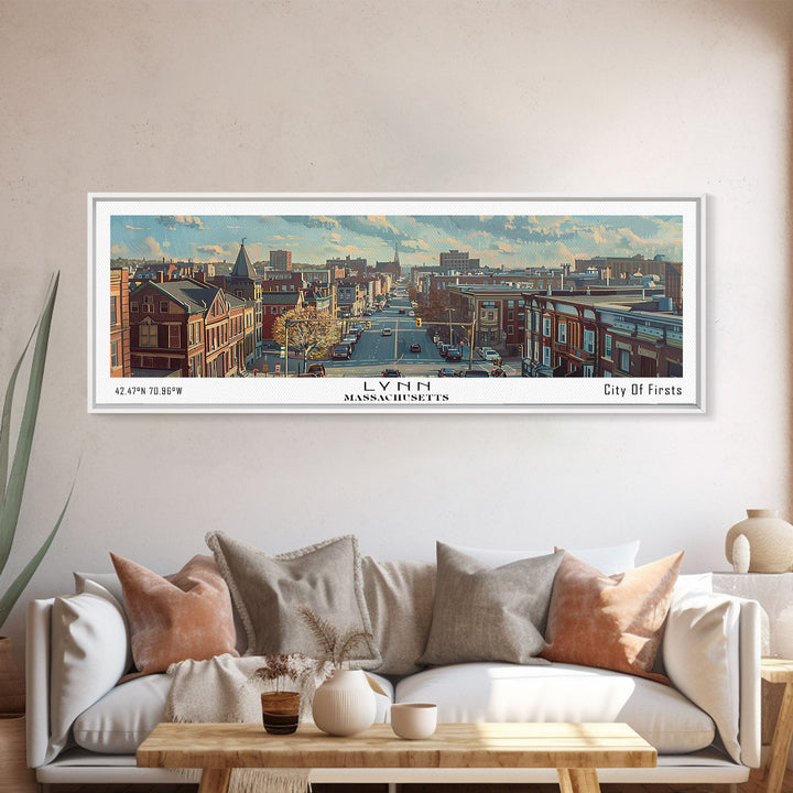 Lynn Massachusetts Panoramic Cityscape Wall Art, Watercolor Framed Canvas Print, Urban Painting for Living Room, Office Decor, Travel Poster