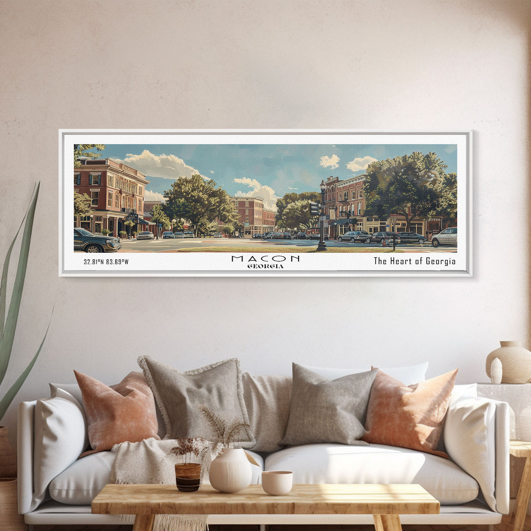 Macon Georgia Panoramic Watercolor Cityscape, Framed Canvas Print for Living Room, Office Wall Art, Urban Decor, Travel Poster