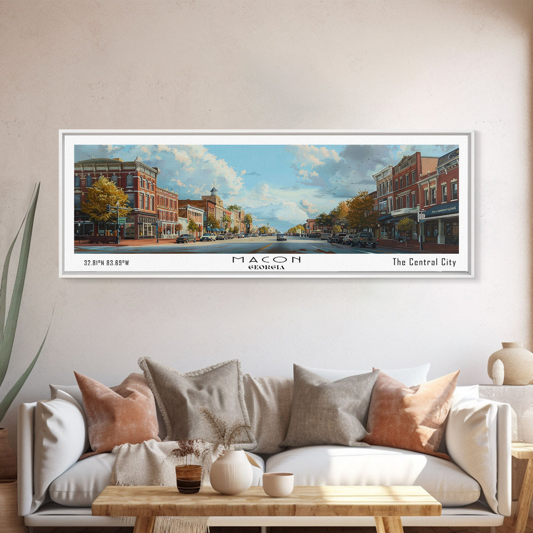 Macon Georgia Panoramic Cityscape Painting, Framed Canvas Print, Urban Decor, Office Wall Art, Watercolor Travel Poster, Home Decoration