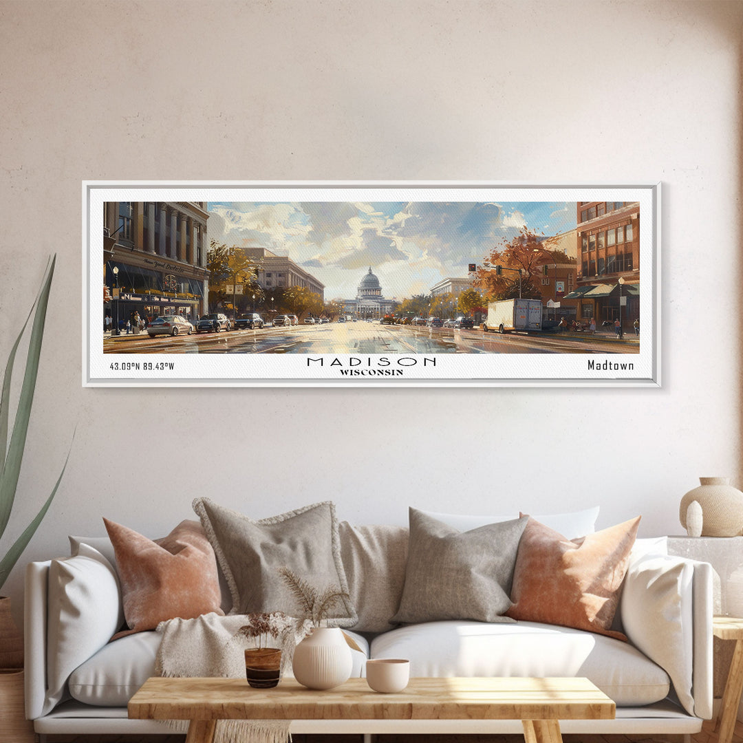 Madison Wisconsin Panoramic Framed Canvas Print, Stunning Watercolor Painting, City Wall Art, Office Decor, Living Room Art, Travel Poster