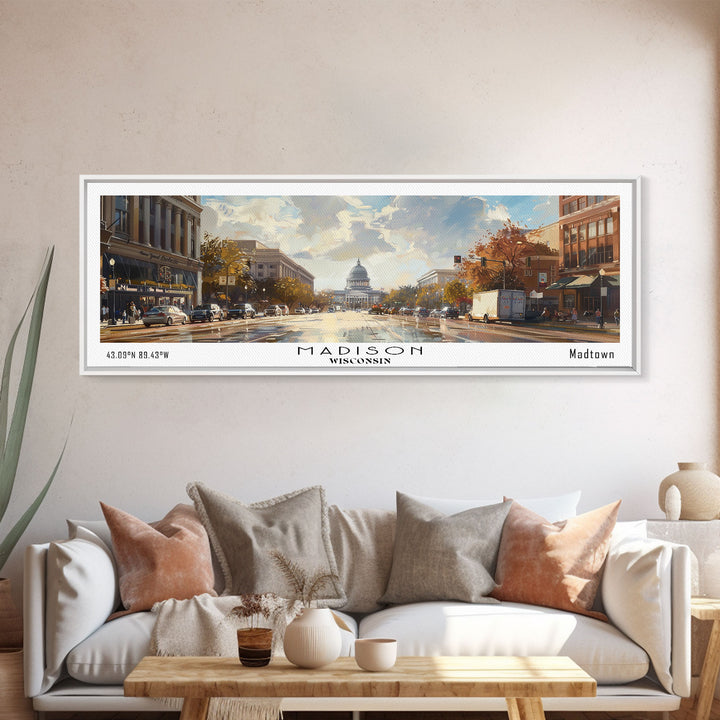 Madison Wisconsin Panoramic Framed Canvas Print, Stunning Watercolor Painting, City Wall Art, Office Decor, Living Room Art, Travel Poster