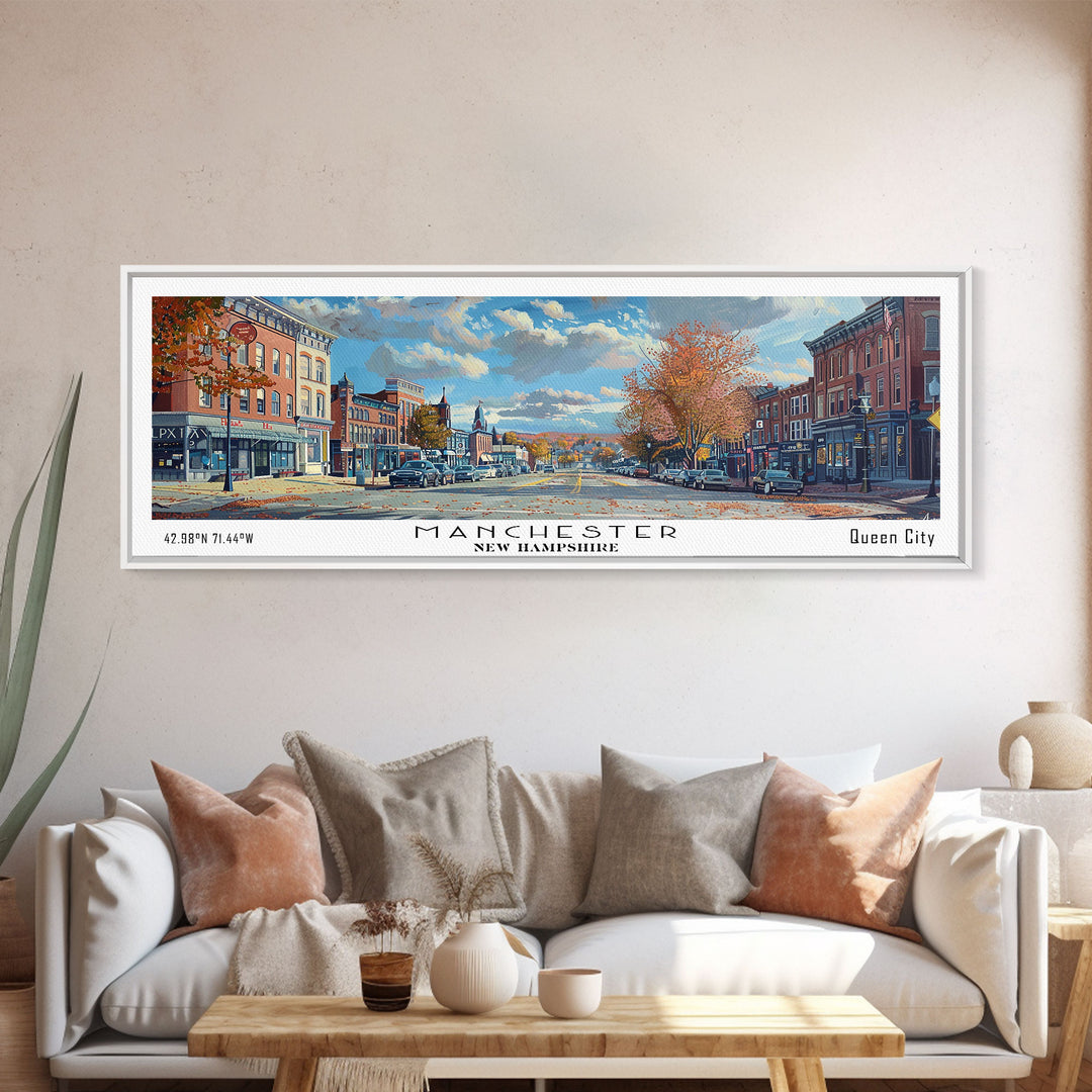Manchester New Hampshire Panoramic Framed Canvas Print, Beautiful Watercolor Painting, City Wall Art, Office Decor, Living Room Art