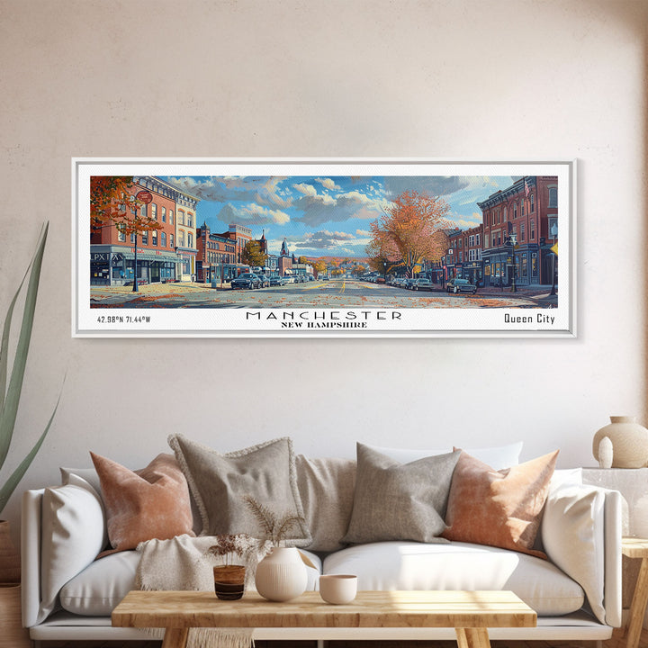 Manchester New Hampshire Panoramic Framed Canvas Print, Beautiful Watercolor Painting, City Wall Art, Office Decor, Living Room Art