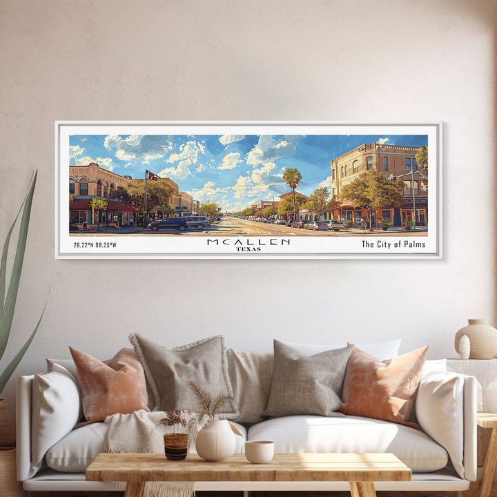 McAllen Texas Panoramic Framed Canvas Print, Watercolor Cityscape, Office Wall Art, Living Room Decor, Travel Poster, City Art, Home Decor