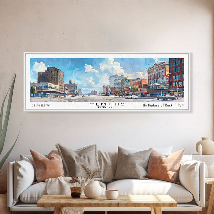 Memphis Tennessee Panoramic Framed Canvas Print, Stunning Watercolor City Art, Office Wall Decor, Travel Poster, Living Room Decor, Home Art