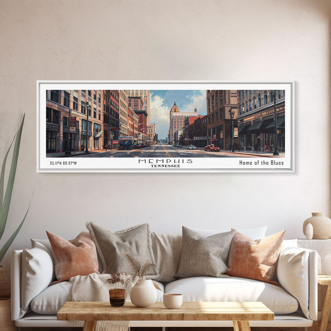 Memphis Tennessee Panoramic Framed Canvas Print, Watercolor Cityscape for Home, Office Wall Art, Living Room Decor, Travel Poster, Gift Idea