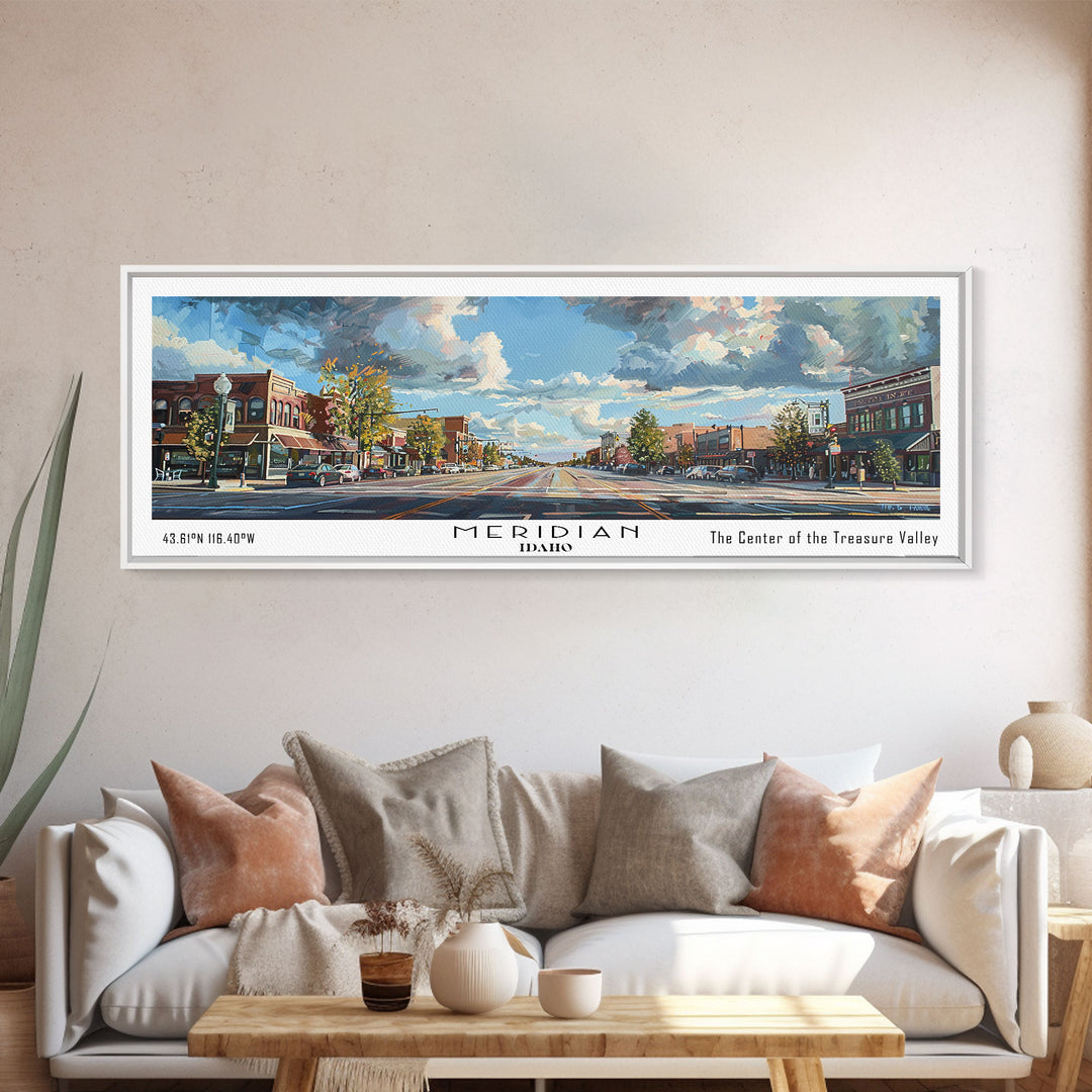 Meridian Idaho Panoramic Framed Canvas Print, Stunning Watercolor Art, Office Wall Decor, Travel Poster, Living Room Decor, City Print