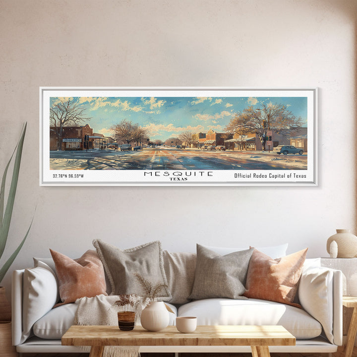 Mesquite Texas Panoramic Framed Canvas Print, Beautiful Watercolor Painting, Office Wall Art, Travel Poster, Living Room Decor, City Art
