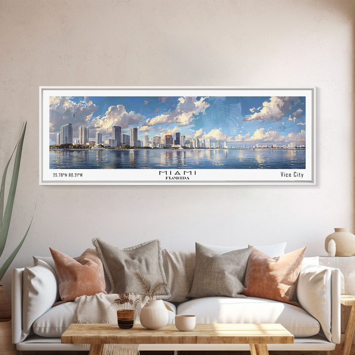 Miami Florida Panoramic Framed Canvas Print, Stunning Watercolor Cityscape, Office Wall Art, Travel Poster, Living Room Decor, City Art