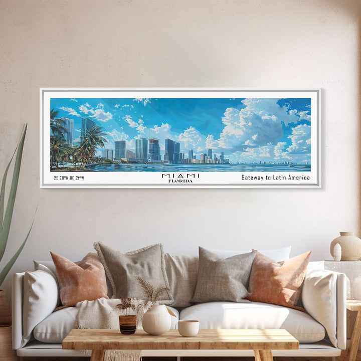 Miami Florida Panoramic Framed Canvas Print, Watercolor Painting, Office Wall Decor, Travel Poster, Home Decor, City Art, Gift Idea