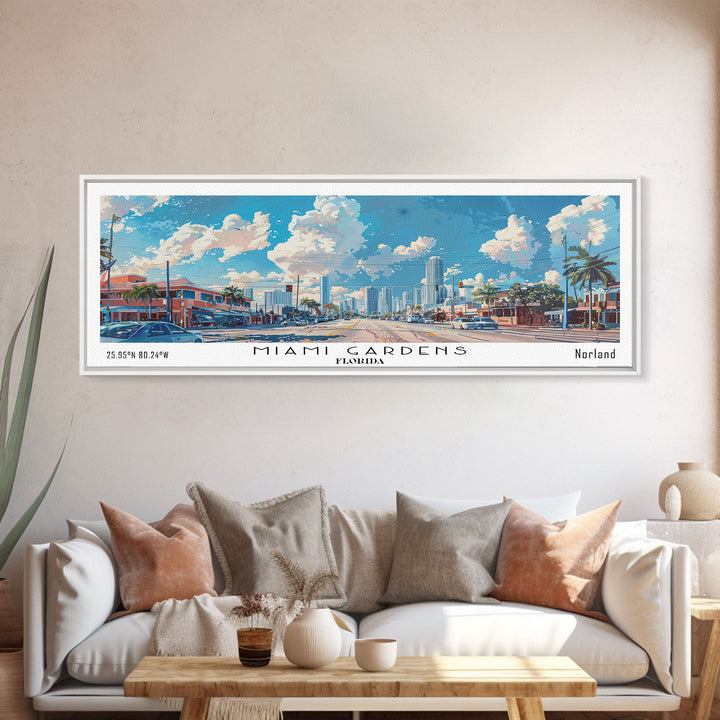 Miami Gardens Florida Panoramic Framed Canvas Print, Beautiful Watercolor City Art, Office Wall Decor, Travel Poster, Living Room Decor
