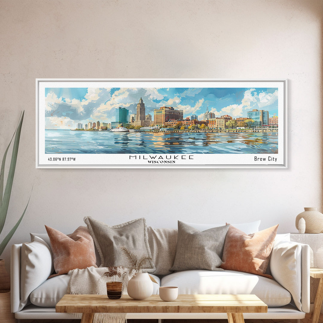 Milwaukee Wisconsin Panoramic Framed Canvas Print, Watercolor Cityscape, Perfect Office Wall Art, Travel Poster, Living Room Decor