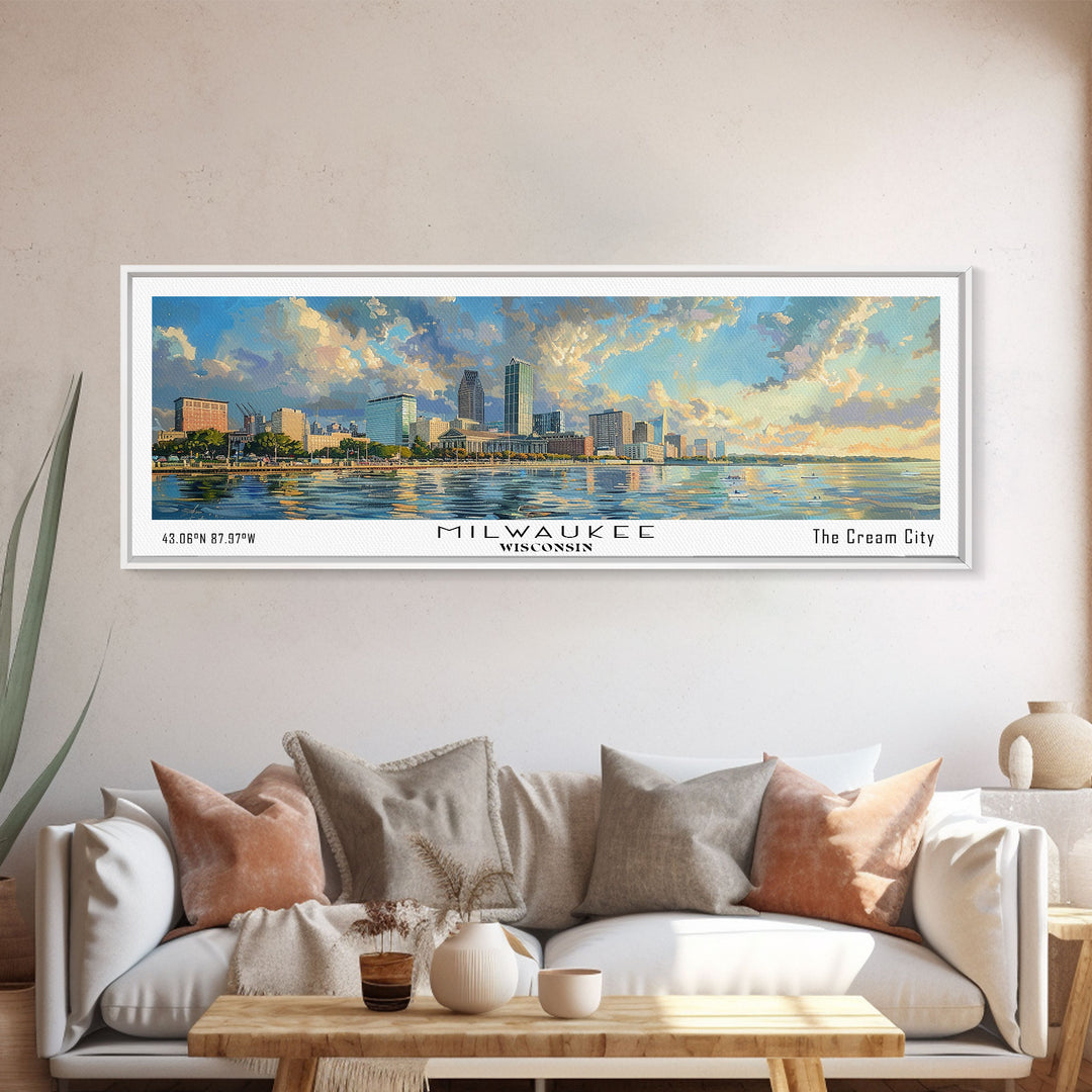 Milwaukee Wisconsin Panoramic Framed Canvas Print, Beautiful Watercolor Painting, Office Wall Art, Travel Poster, Home Decor, City Art