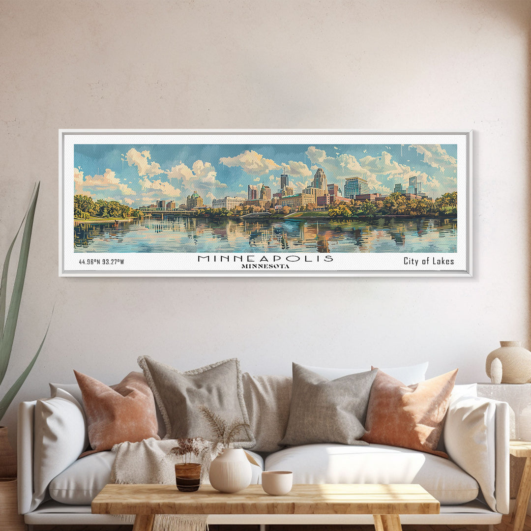 Minneapolis Minnesota Panoramic Framed Canvas Print, Watercolor Painting, Office Wall Art, Travel Poster, Home Decor, City Art