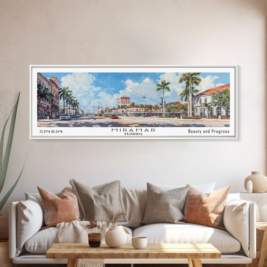 Miramar Florida Panoramic Framed Canvas Print, Beautiful Watercolor Cityscape, Office Wall Art, Travel Poster, Living Room Decor, City Art