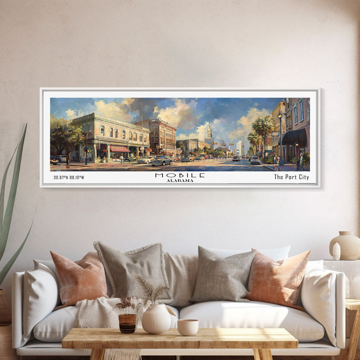 Mobile Alabama Panoramic Framed Canvas Print, Stunning Watercolor Painting, Office Wall Art, Travel Poster, Home Decor, City Art