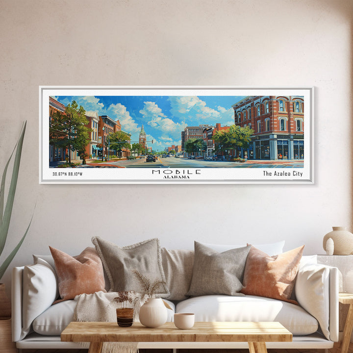 Mobile Alabama Panoramic Framed Canvas Print, Watercolor City Art, Office Wall Decor, Travel Poster, Living Room Decor, City Print
