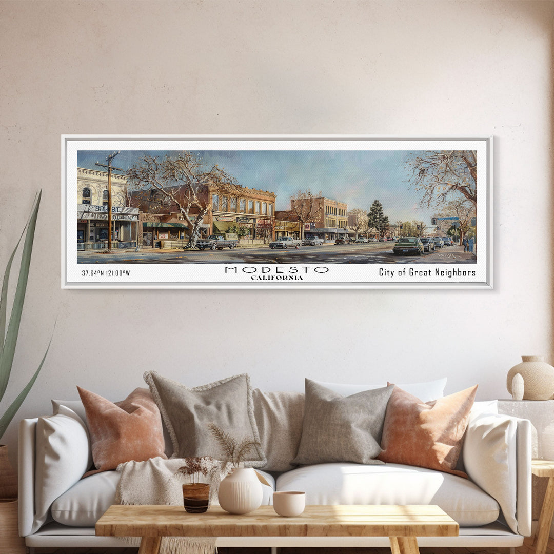 Modesto California Panoramic Framed Canvas Print, Beautiful Watercolor Painting, Office Wall Art, Travel Poster, Living Room Decor, City Art