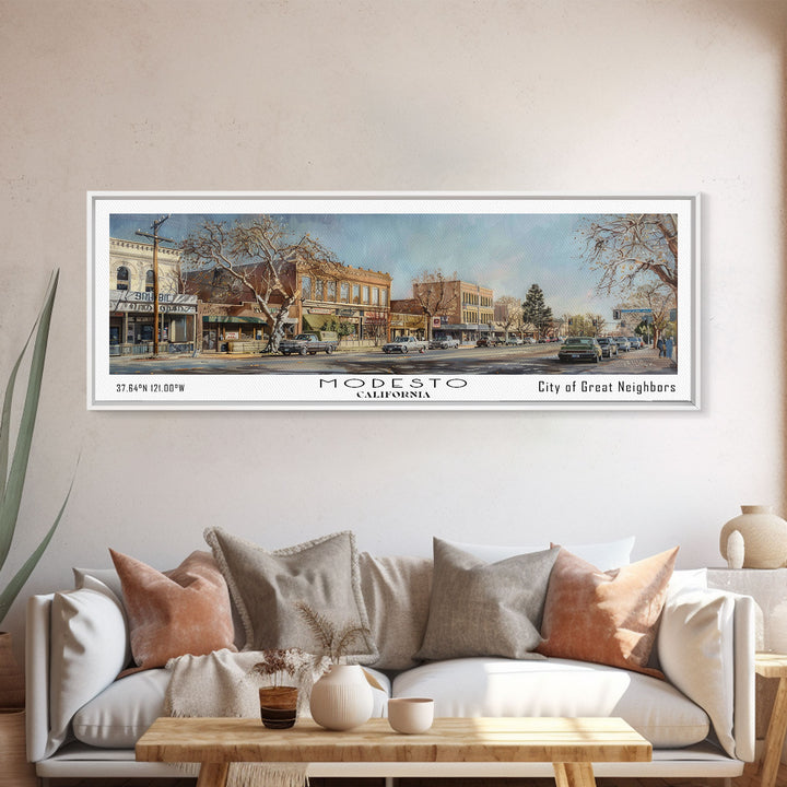 Modesto California Panoramic Framed Canvas Print, Beautiful Watercolor Painting, Office Wall Art, Travel Poster, Living Room Decor, City Art
