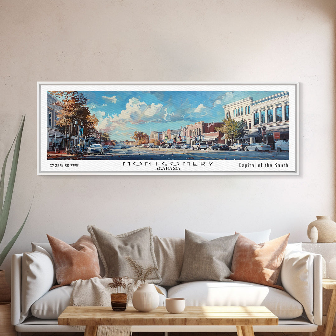 Montgomery Alabama Panoramic Framed Canvas Print, Stunning Watercolor Painting, Office Wall Art, Travel Poster, Home Decor, City Art