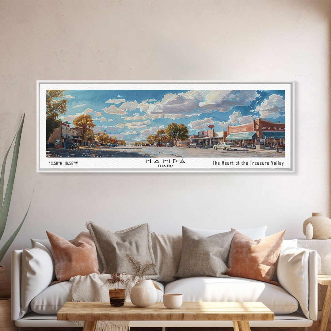 Nampa Idaho Panoramic Framed Canvas Print, Beautiful Watercolor Painting, Office Wall Art, Travel Poster, Home Decor, City Art