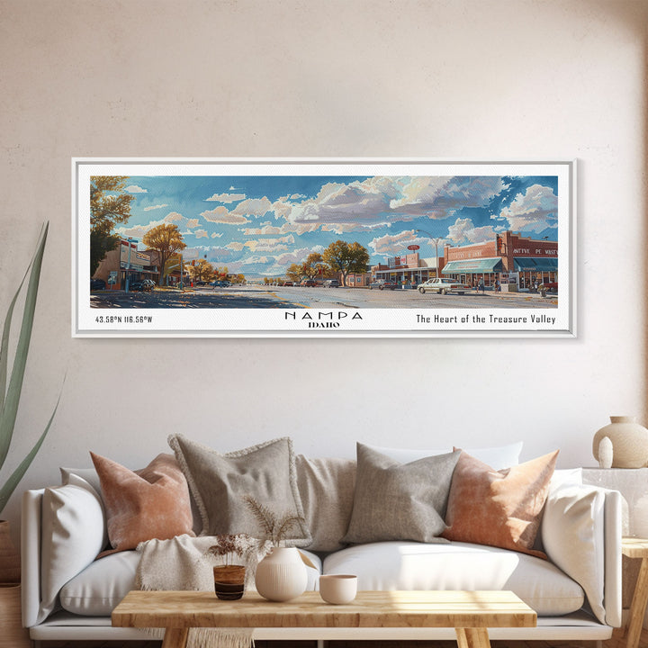 Nampa Idaho Panoramic Framed Canvas Print, Beautiful Watercolor Painting, Office Wall Art, Travel Poster, Home Decor, City Art