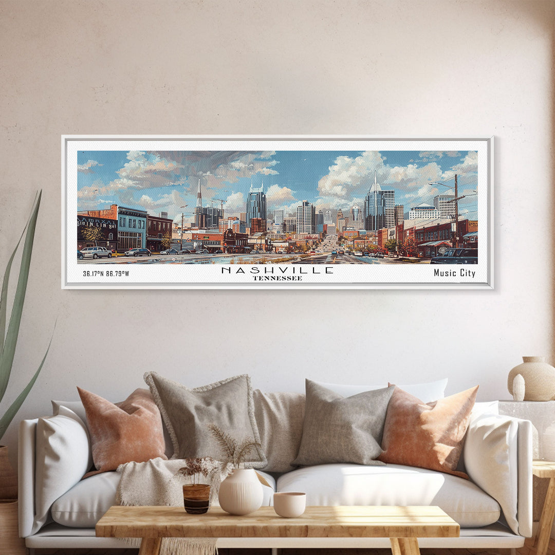 Nashville Tennessee Panoramic Framed Canvas Print, Stunning Watercolor Painting, Office Wall Art, Travel Poster, Home Decor, City Art