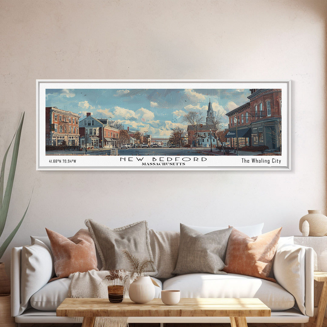 New Bedford Massachusetts Panoramic Framed Canvas Print, Stunning Watercolor Cityscape, Office Wall Art, Travel Poster, Home Decor