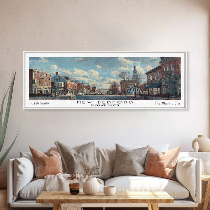 New Bedford Massachusetts Panoramic Framed Canvas Print, Stunning Watercolor Cityscape, Office Wall Art, Travel Poster, Home Decor