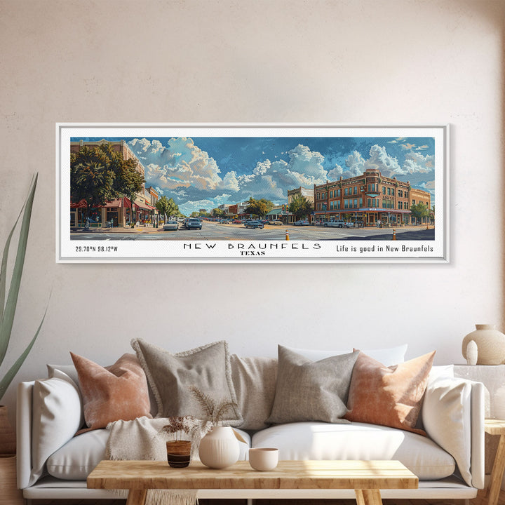 New Braunfels Texas Panoramic Framed Canvas Print, Watercolor City Art, Office Wall Decor, Travel Poster, Living Room Decor