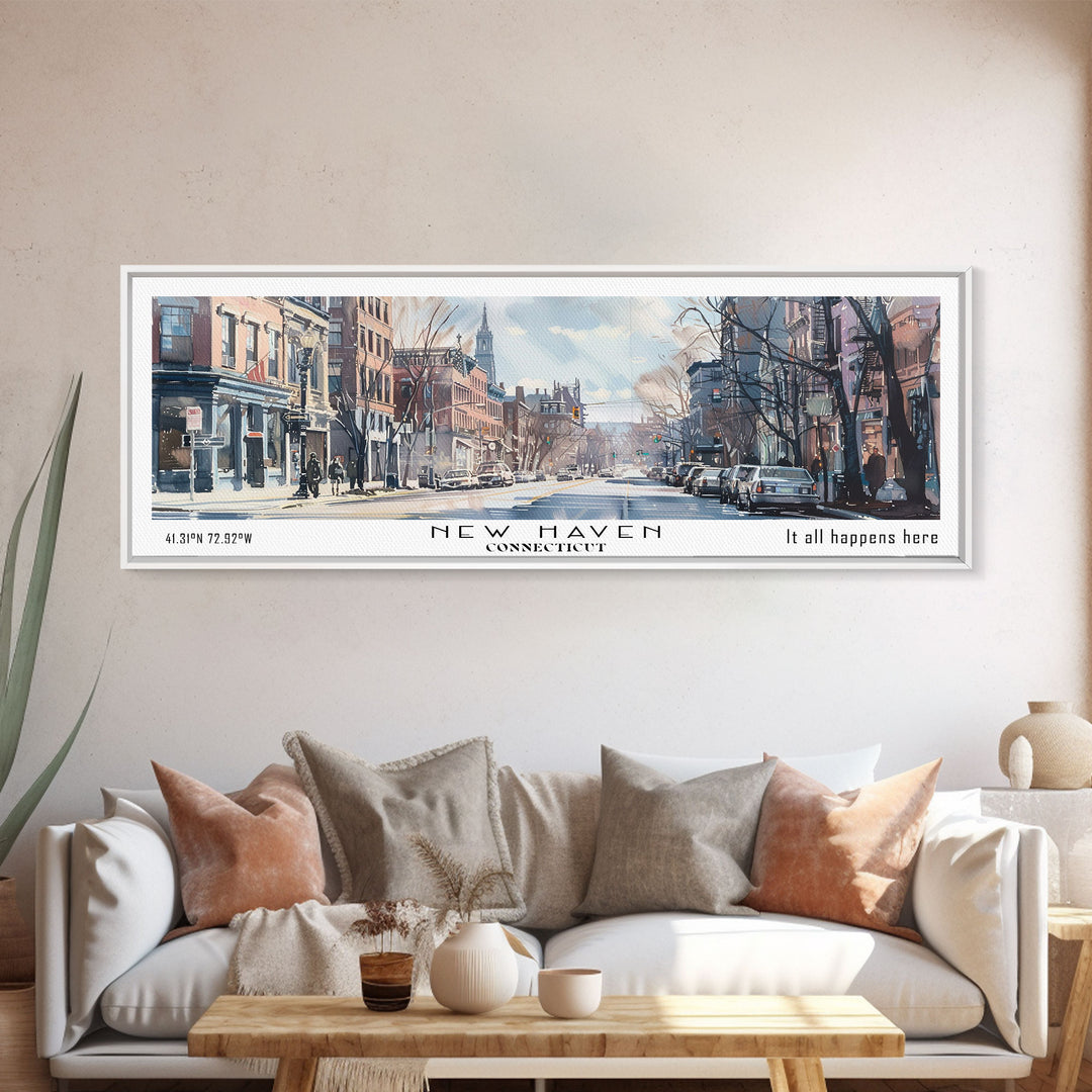 New Haven Connecticut Panoramic Framed Canvas Print, Stunning Watercolor Painting, Office Wall Art, Travel Poster, Home Decor