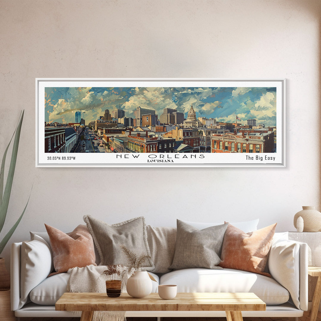 New Orleans Louisiana Panoramic Painting, Framed Canvas Print for Home Decor, Unique Watercolor Art, Travel Poster, Cityscape Gift Idea