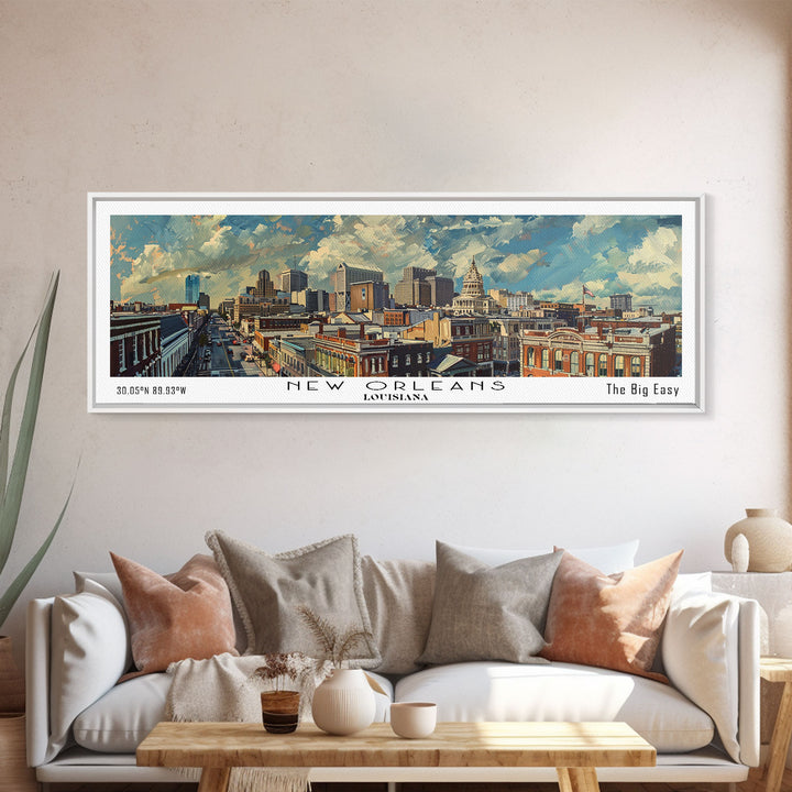 New Orleans Louisiana Panoramic Painting, Framed Canvas Print for Home Decor, Unique Watercolor Art, Travel Poster, Cityscape Gift Idea