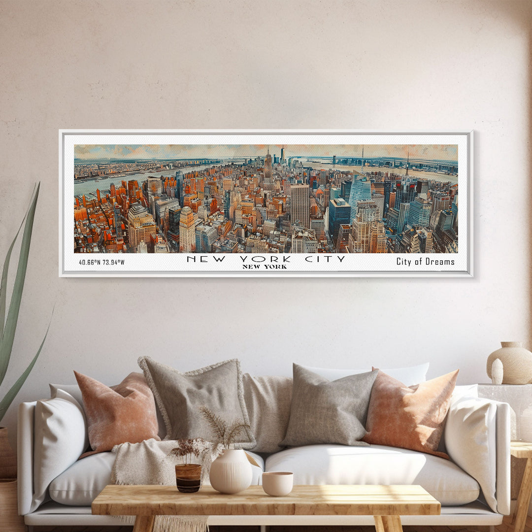 New York New York Panoramic Framed Canvas Print, Watercolor Painting of Cityscape, Home Decor, Travel Poster, Gift Idea for Urban Art Lovers