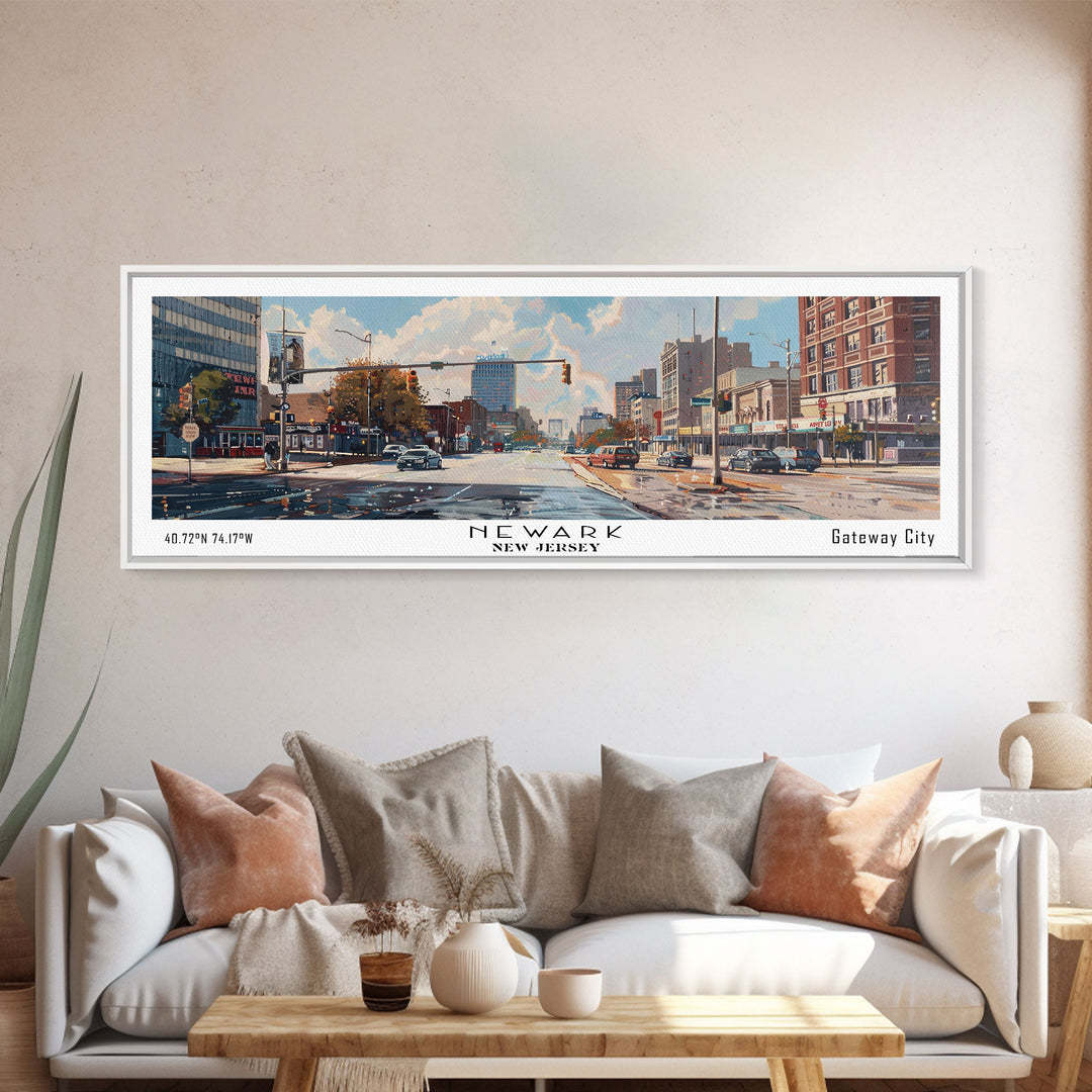 Newark New Jersey Panoramic Framed Canvas Print, Beautiful Watercolor Painting, Office Wall Art, Travel Poster, Home Decor, City Art