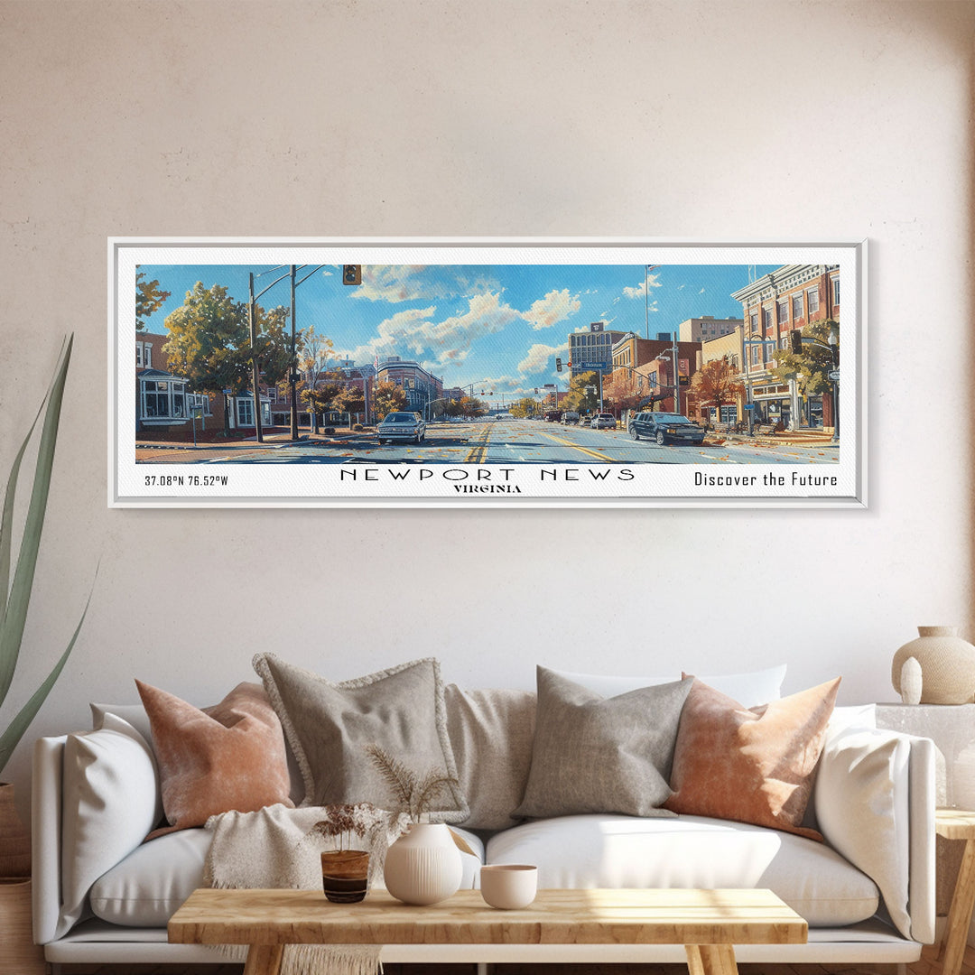 Newport News Virginia Panoramic Wall Art, Framed Canvas Print, Beautiful Cityscape Watercolor Painting, Travel Poster, Modern Home Decor