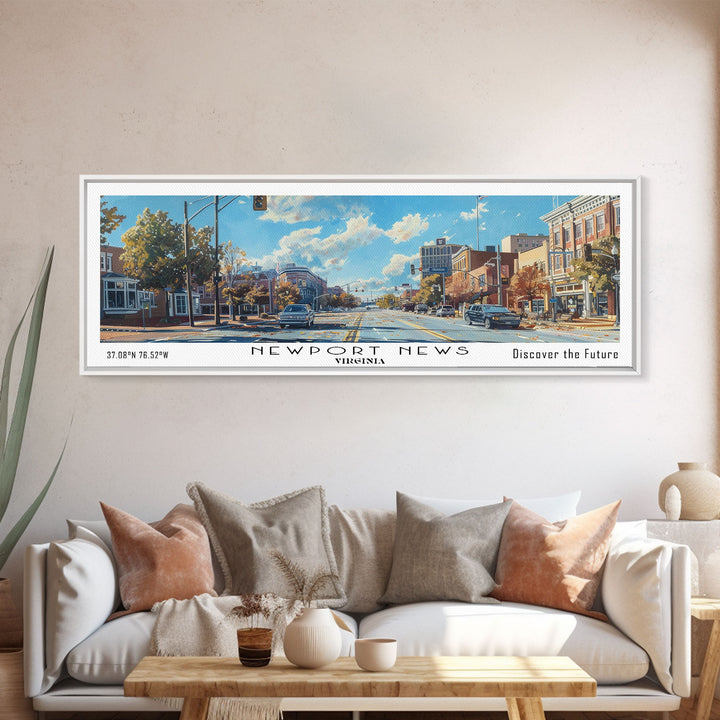 Newport News Virginia Panoramic Wall Art, Framed Canvas Print, Beautiful Cityscape Watercolor Painting, Travel Poster, Modern Home Decor