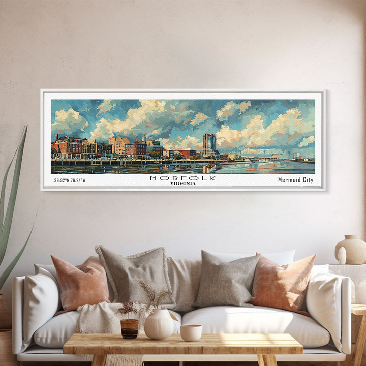 Norfolk Virginia Panoramic Painting, Framed Canvas Print for Office Wall Art, Watercolor Cityscape, Travel Poster, Beautiful Home Decor