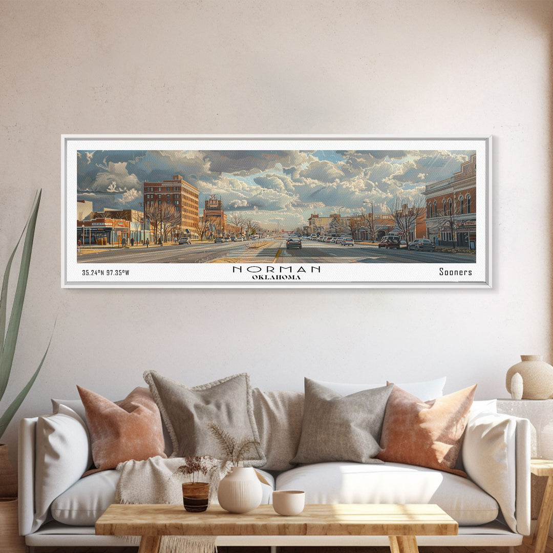 Norman Oklahoma Panoramic Framed Canvas Print, Cityscape Watercolor Painting, Travel Poster for Home Decor, Modern Wall Art, Unique Gift Idea