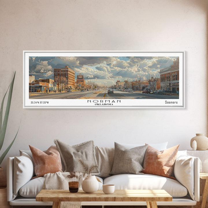 Norman Oklahoma Panoramic Framed Canvas Print, Cityscape Watercolor Painting, Travel Poster for Home Decor, Modern Wall Art, Unique Gift Idea