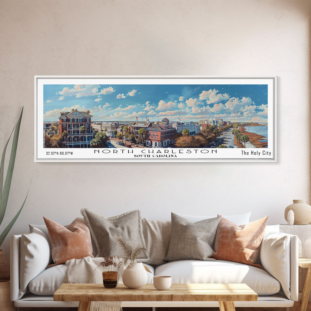 North Charleston South Carolina Panoramic Painting, Framed Canvas Print, Watercolor Cityscape Art, Travel Poster for Living Room, Home Decor
