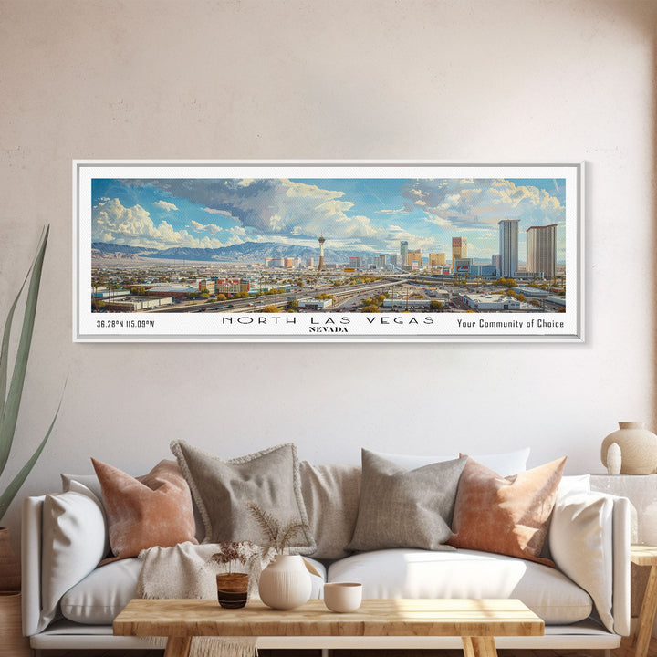 North Las Vegas Nevada Panoramic Framed Canvas Print, Cityscape Watercolor Painting, Travel Poster, Modern Home Decor, Unique Gift Idea