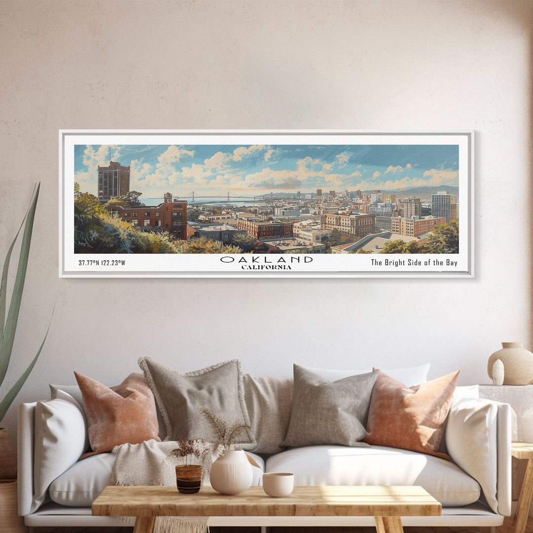 Oakland California Panoramic Painting, Framed Canvas Print for Office Decor, Beautiful Cityscape Watercolor Art, Travel Poster, Urban Gift Idea