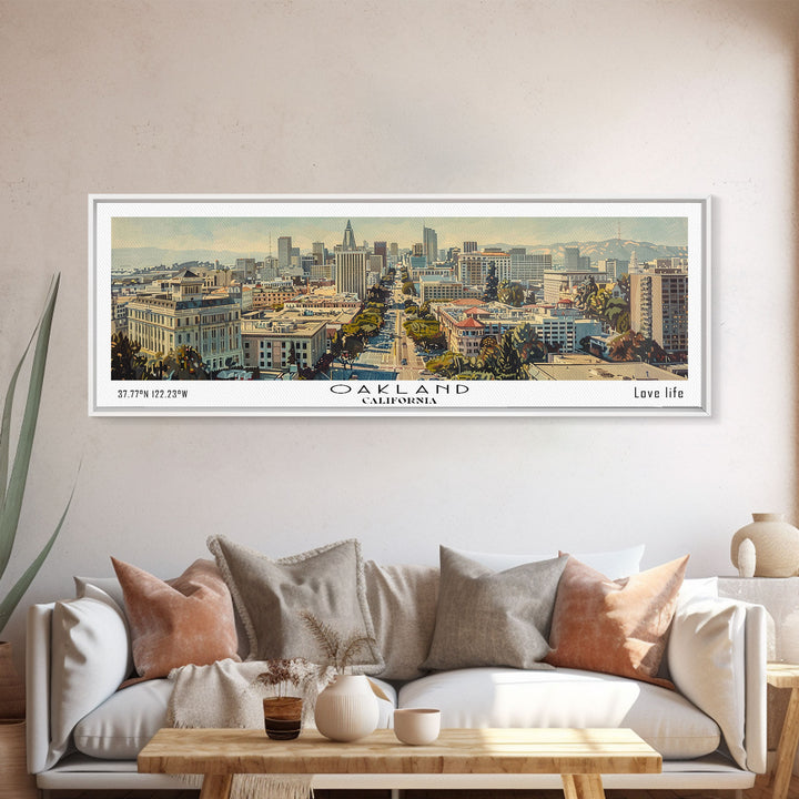 Oakland California Panoramic Wall Art, Framed Canvas Print, Stunning Watercolor Cityscape, Travel Poster, Modern Home Decor, Unique Gift