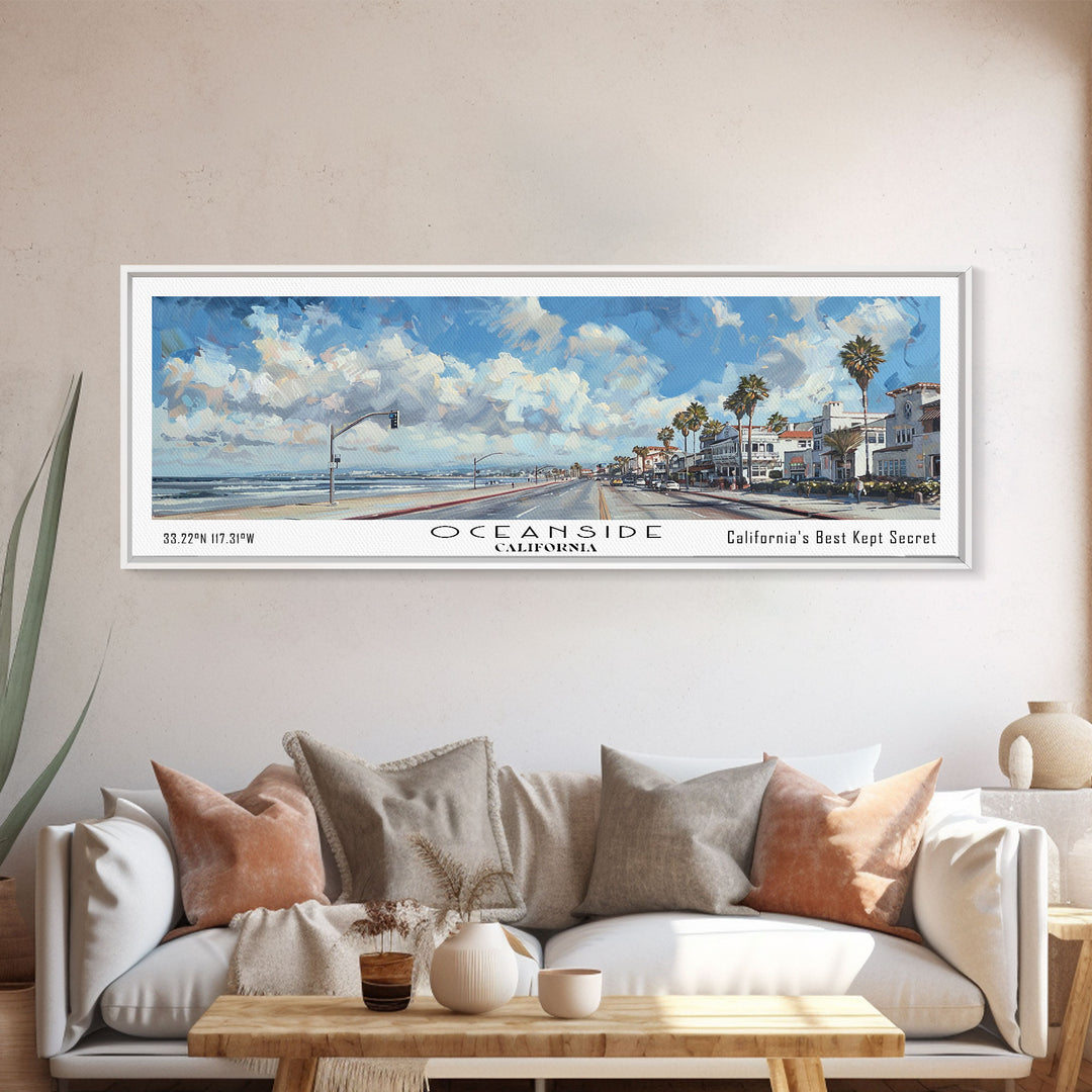 Oceanside California Panoramic Framed Canvas Print, Watercolor Cityscape Art, Travel Poster, Home Decor, Urban Gift Idea, Living Room Art