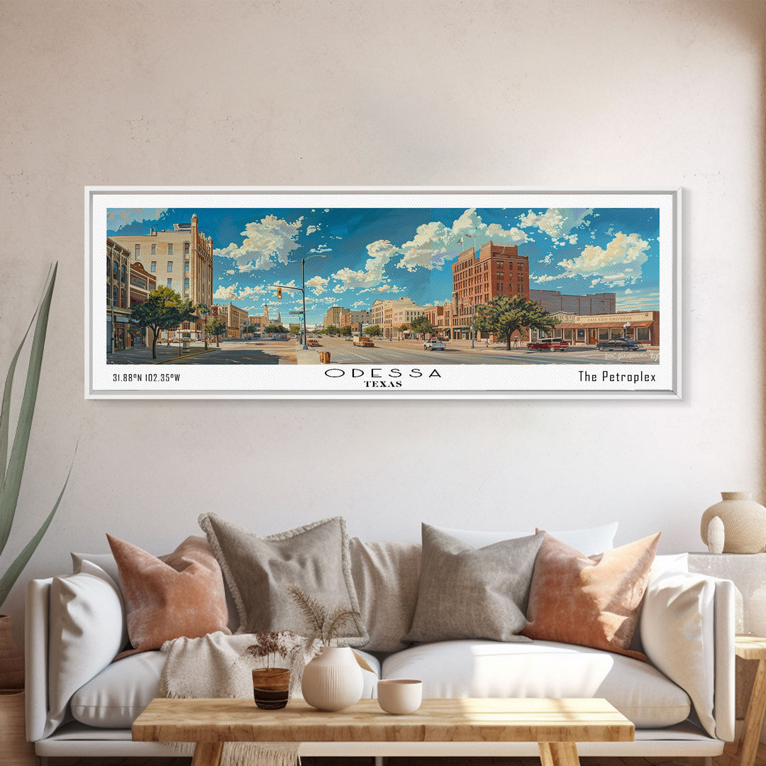 Odessa Texas Panoramic Painting, Framed Canvas Print for Home Decor, Beautiful Cityscape Watercolor Art, Travel Poster, Modern Gift Idea