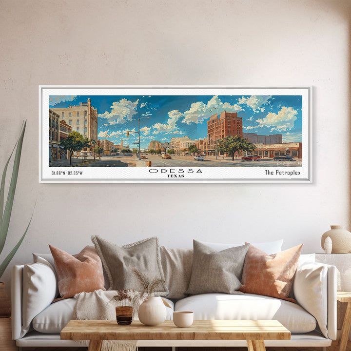 Odessa Texas Panoramic Painting, Framed Canvas Print for Home Decor, Beautiful Cityscape Watercolor Art, Travel Poster, Modern Gift Idea