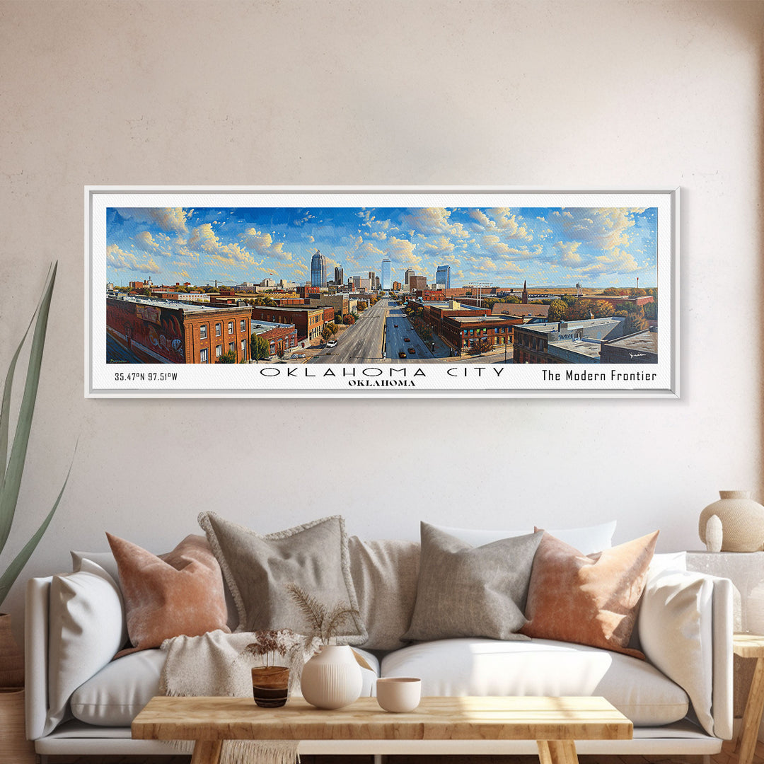 Oklahoma City Oklahoma Panoramic Framed Canvas Print, Cityscape Watercolor Painting, Travel Poster, Home Decor, Unique Gift Idea, Urban Art