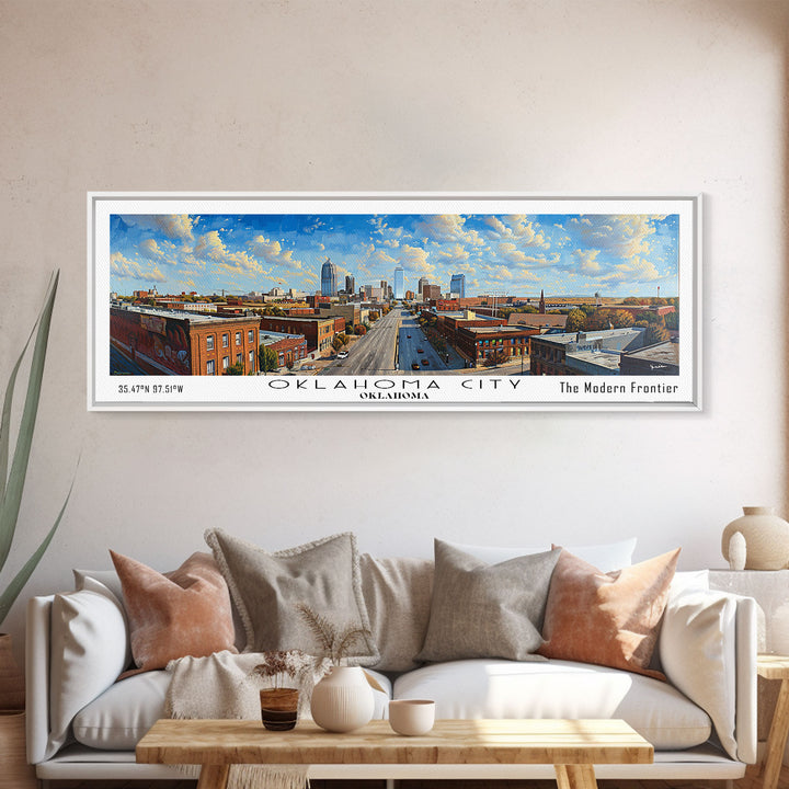 Oklahoma City Oklahoma Panoramic Framed Canvas Print, Cityscape Watercolor Painting, Travel Poster, Home Decor, Unique Gift Idea, Urban Art