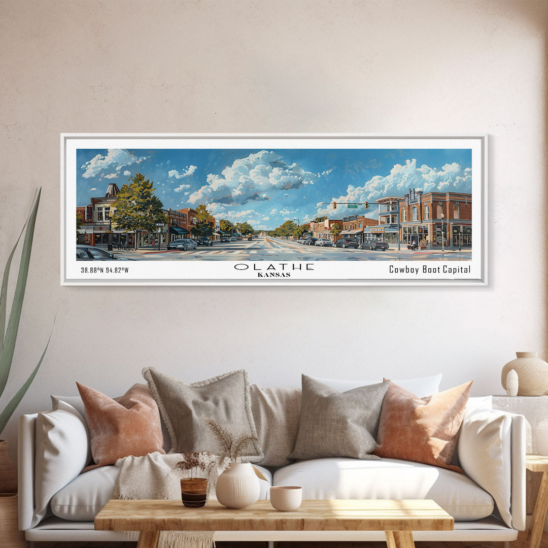 Olathe Kansas Panoramic Painting, Framed Canvas Print for Living Room, Watercolor Cityscape Art, Travel Poster, Modern Home Decor, Gift Idea